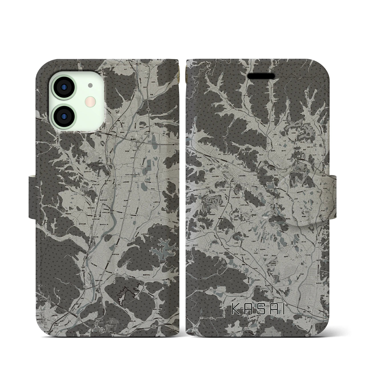 【加西(兵庫県)】地図柄iPhoneケース(手帳タイプ)モノトーン・iPhone 12 mini 用