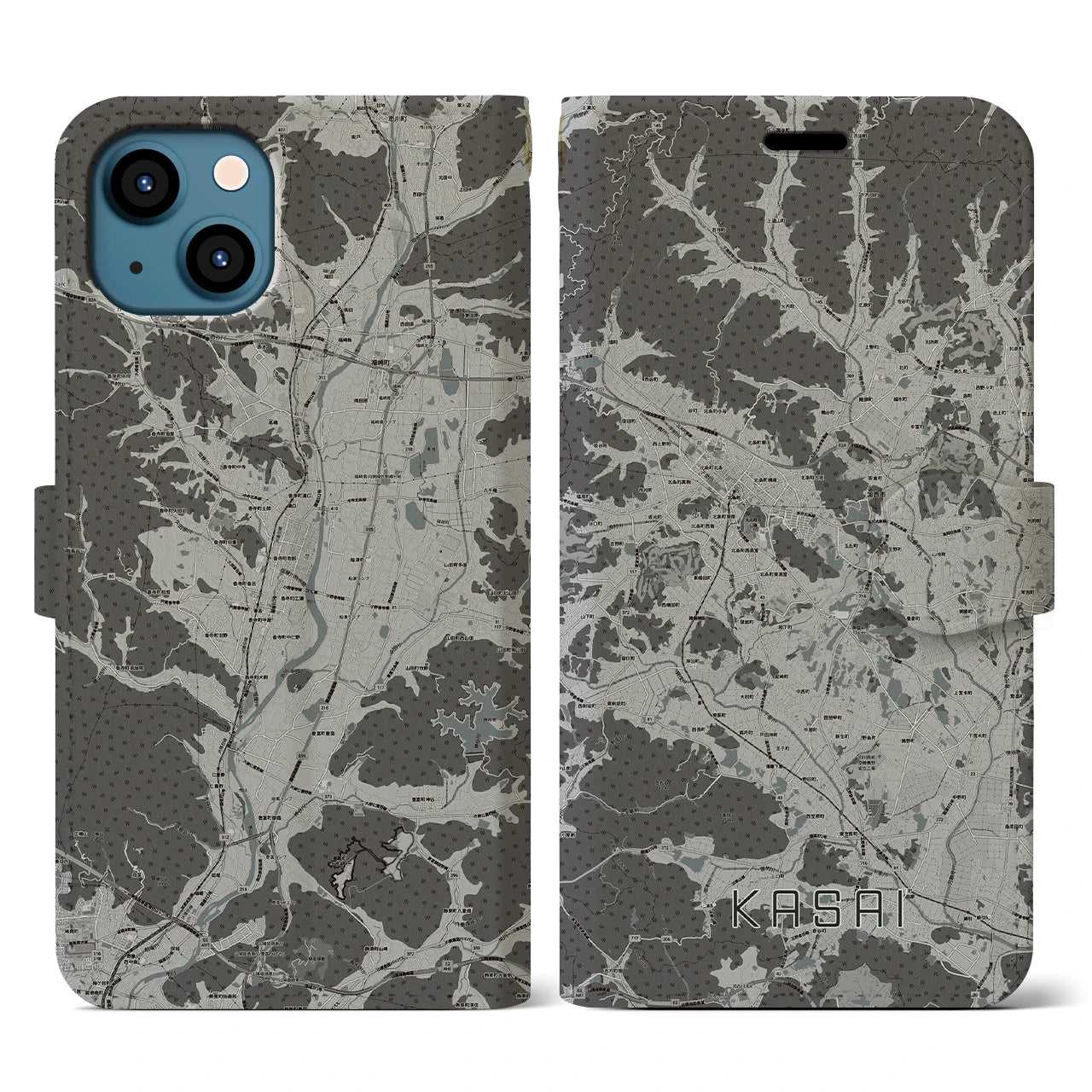 【加西(兵庫県)】地図柄iPhoneケース(手帳タイプ)モノトーン・iPhone 13 用