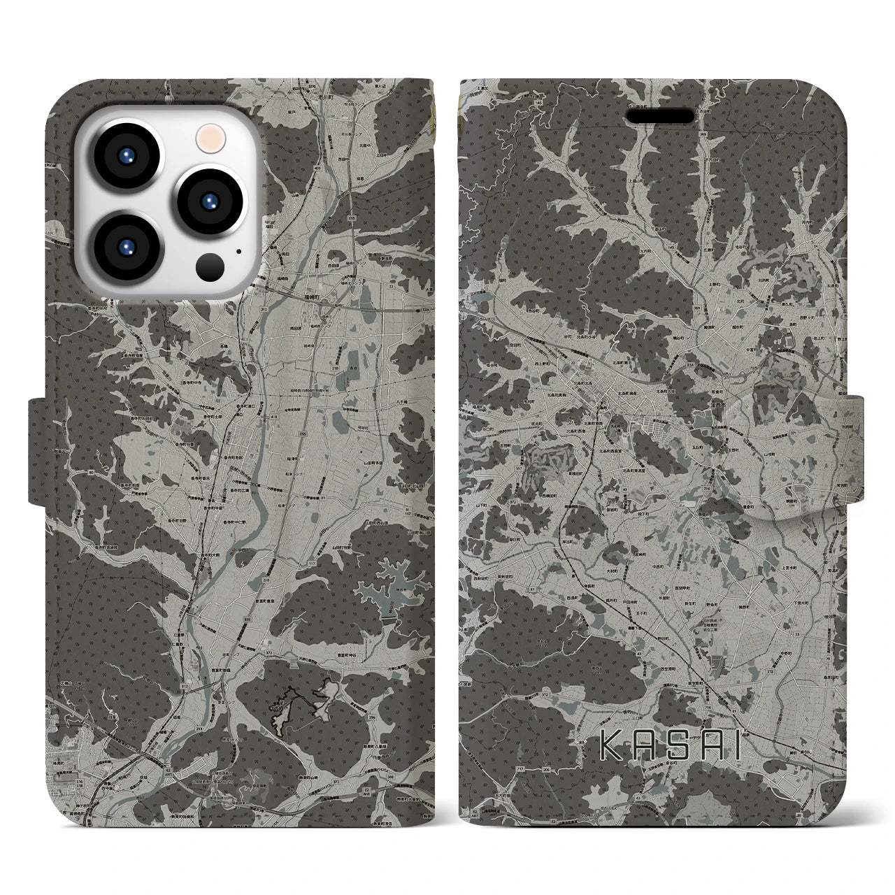 【加西(兵庫県)】地図柄iPhoneケース(手帳タイプ)モノトーン・iPhone 13 Pro 用