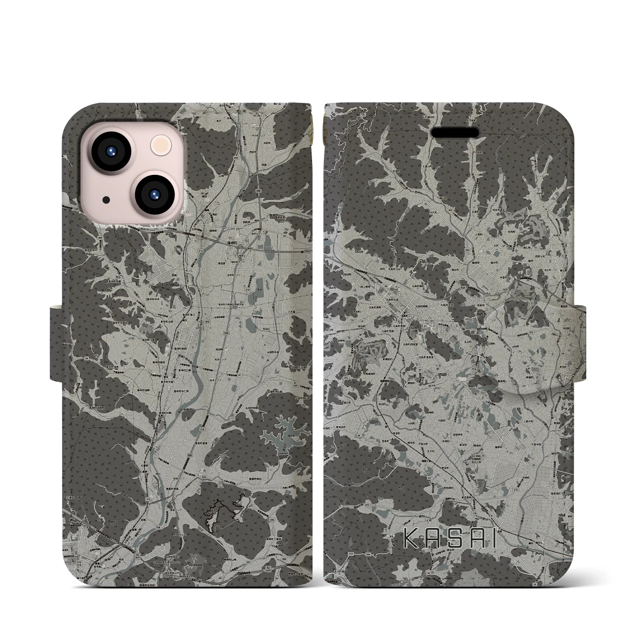 【加西(兵庫県)】地図柄iPhoneケース(手帳タイプ)モノトーン・iPhone 13 mini 用