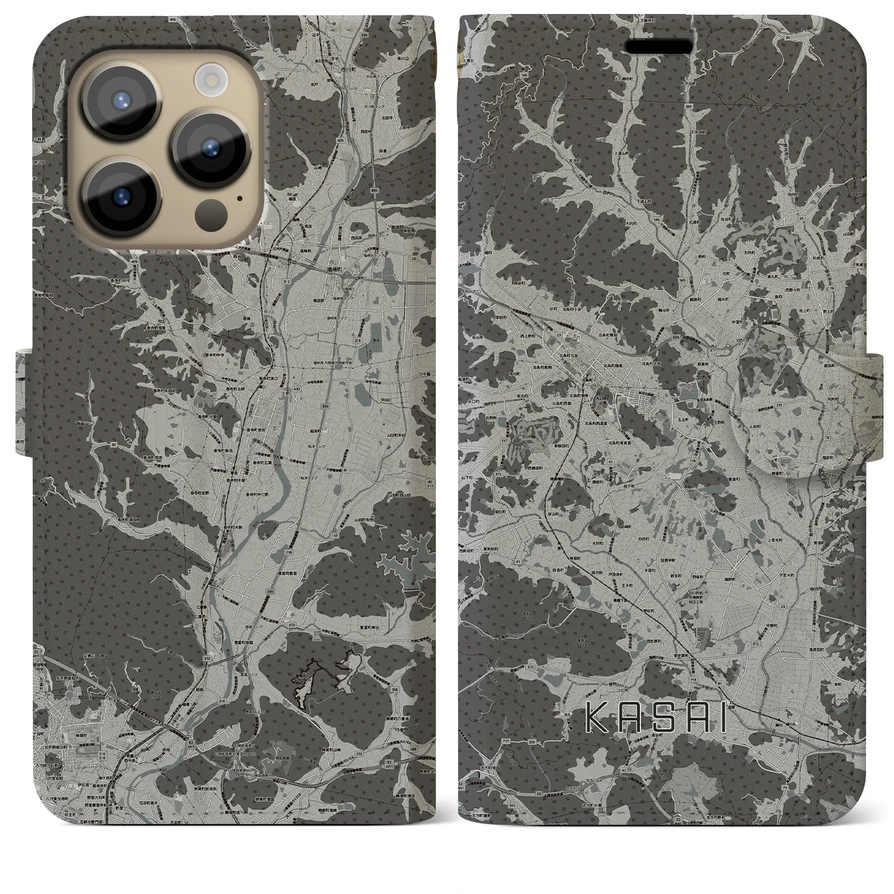 【加西(兵庫県)】地図柄iPhoneケース(手帳タイプ)モノトーン・iPhone 14 Pro Max 用