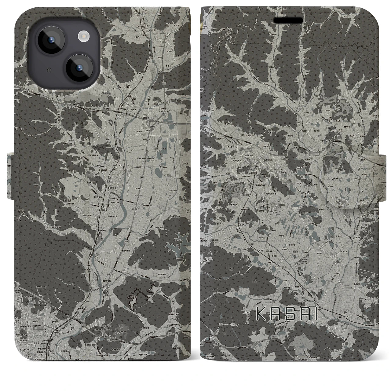 【加西(兵庫県)】地図柄iPhoneケース(手帳タイプ)モノトーン・iPhone 14 Plus 用