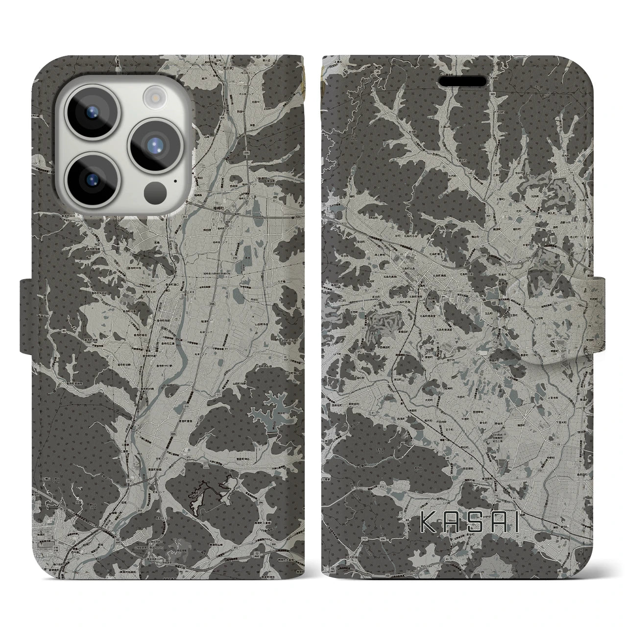 【加西(兵庫県)】地図柄iPhoneケース(手帳タイプ)モノトーン・iPhone 15 Pro 用
