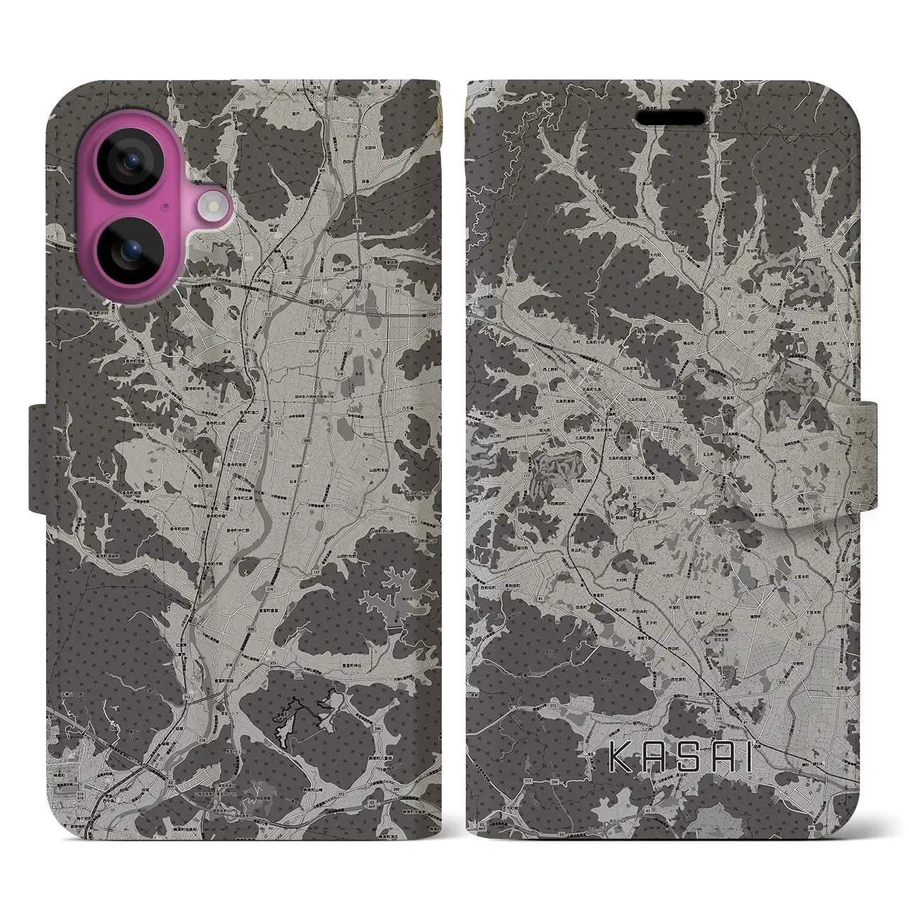 【加西(兵庫県)】地図柄iPhoneケース(手帳タイプ)モノトーン・iPhone 16 Pro 用