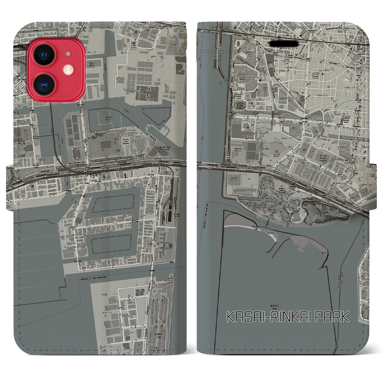 【葛西臨海公園(東京都)】地図柄iPhoneケース(手帳タイプ)モノトーン・iPhone 11 用