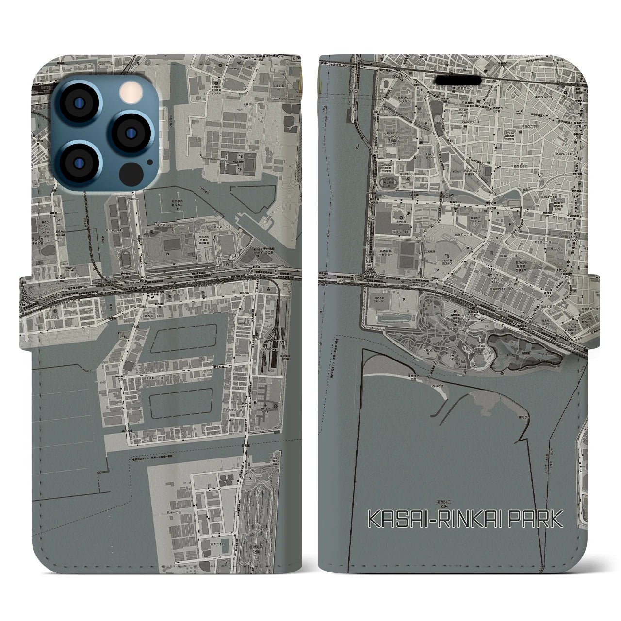 【葛西臨海公園(東京都)】地図柄iPhoneケース(手帳タイプ)モノトーン・iPhone 12 / 12 Pro 用