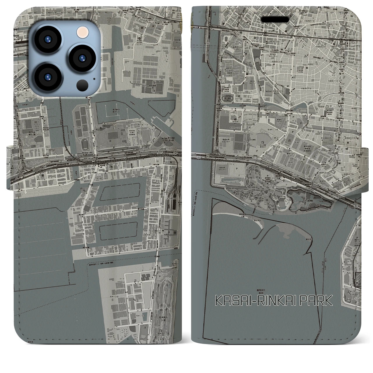 【葛西臨海公園(東京都)】地図柄iPhoneケース(手帳タイプ)モノトーン・iPhone 13 Pro Max 用