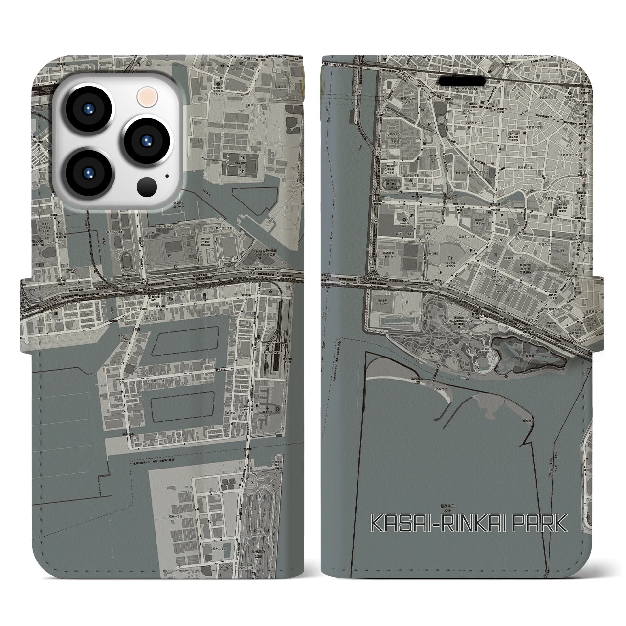 【葛西臨海公園(東京都)】地図柄iPhoneケース(手帳タイプ)モノトーン・iPhone 13 Pro 用