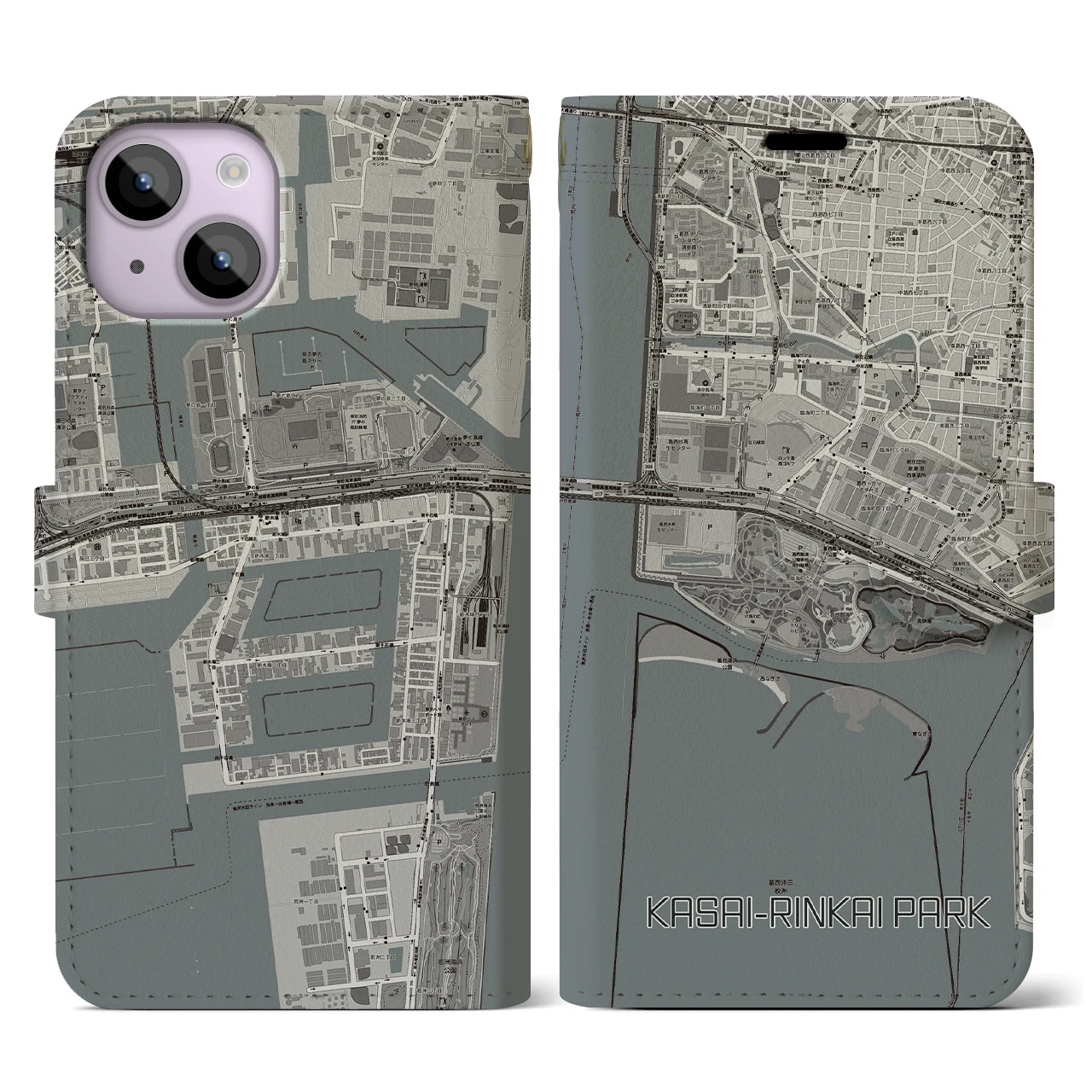 【葛西臨海公園(東京都)】地図柄iPhoneケース(手帳タイプ)モノトーン・iPhone 14 用