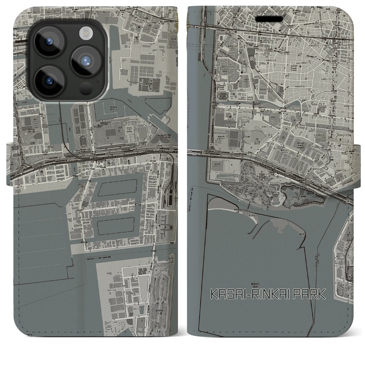 【葛西臨海公園(東京都)】地図柄iPhoneケース(手帳タイプ)モノトーン・iPhone 15 Pro Max 用