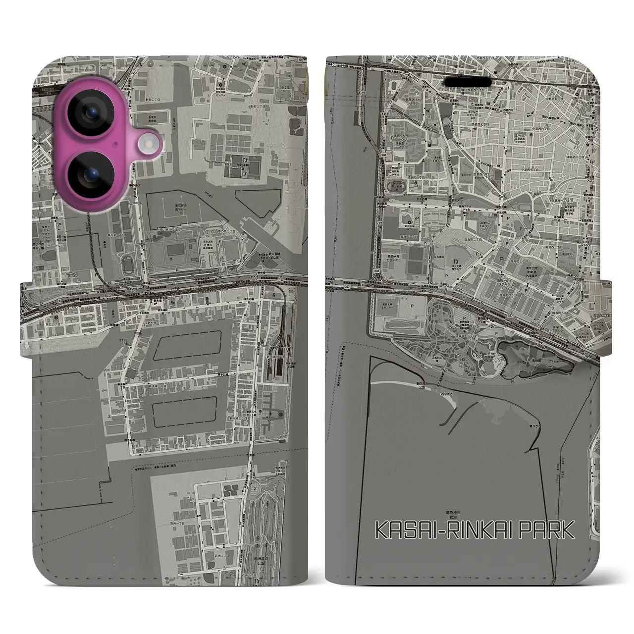 【葛西臨海公園(東京都)】地図柄iPhoneケース(手帳タイプ)モノトーン・iPhone 16 Pro 用