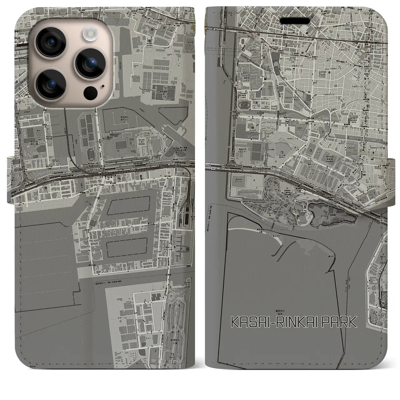 【葛西臨海公園(東京都)】地図柄iPhoneケース(手帳タイプ)モノトーン・iPhone 16 Plus 用