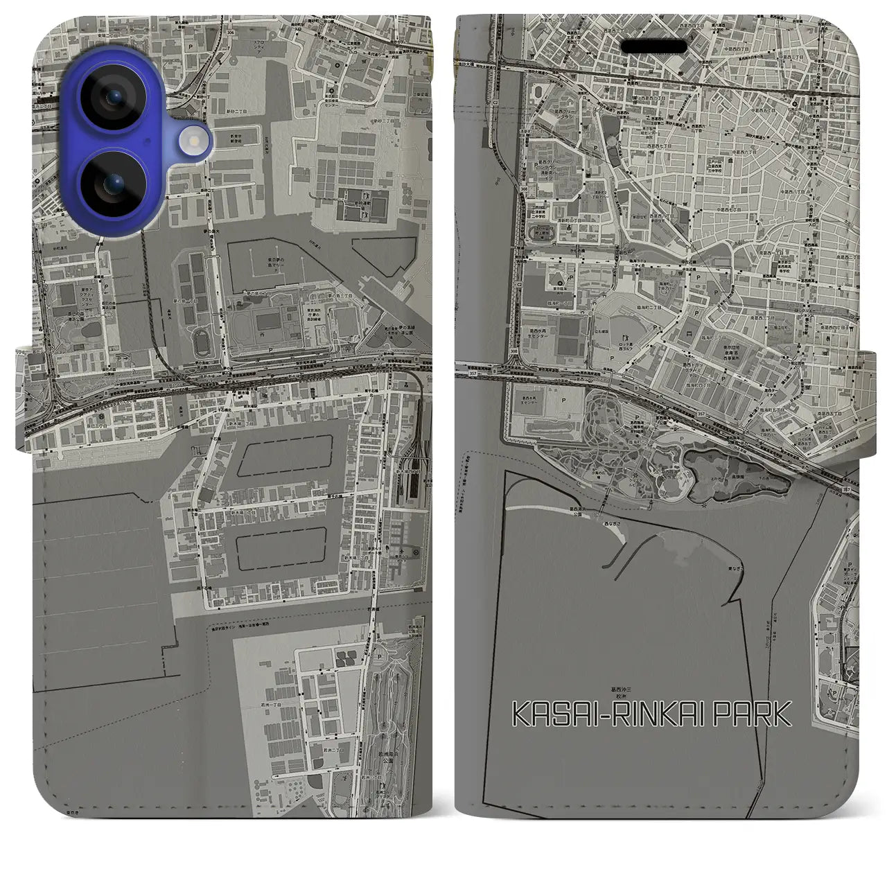 【葛西臨海公園(東京都)】地図柄iPhoneケース(手帳タイプ)モノトーン・iPhone 16 Pro Max 用