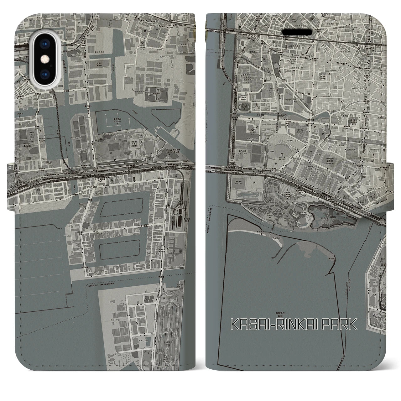 【葛西臨海公園(東京都)】地図柄iPhoneケース(手帳タイプ)モノトーン・iPhone XS Max 用
