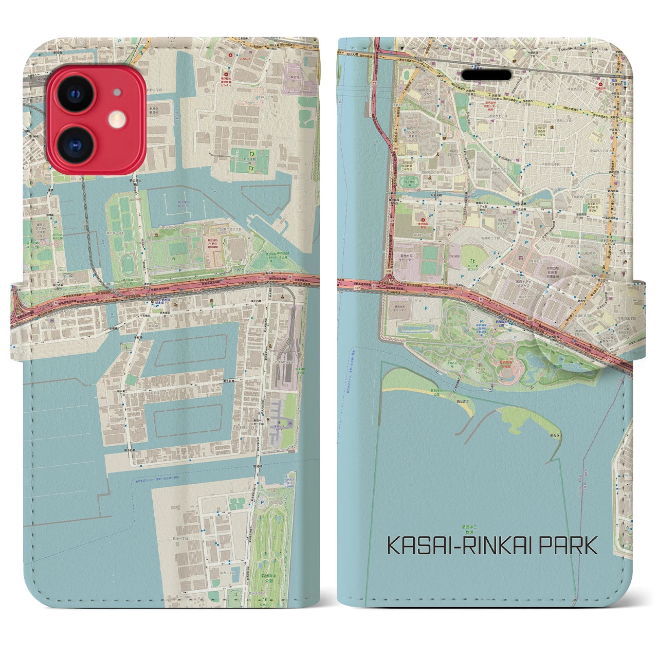 【葛西臨海公園(東京都)】地図柄iPhoneケース(手帳タイプ)ナチュラル・iPhone 11 用
