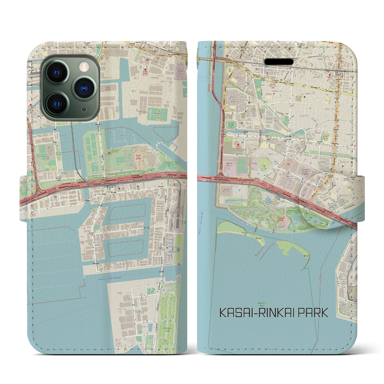 【葛西臨海公園(東京都)】地図柄iPhoneケース(手帳タイプ)ナチュラル・iPhone 11 Pro 用