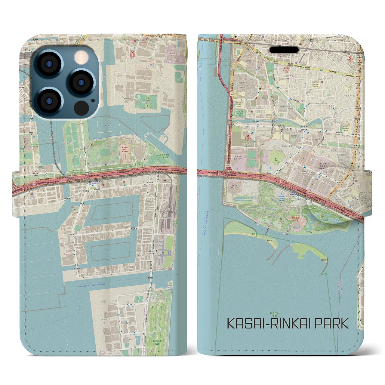 【葛西臨海公園(東京都)】地図柄iPhoneケース(手帳タイプ)ナチュラル・iPhone 12 / 12 Pro 用