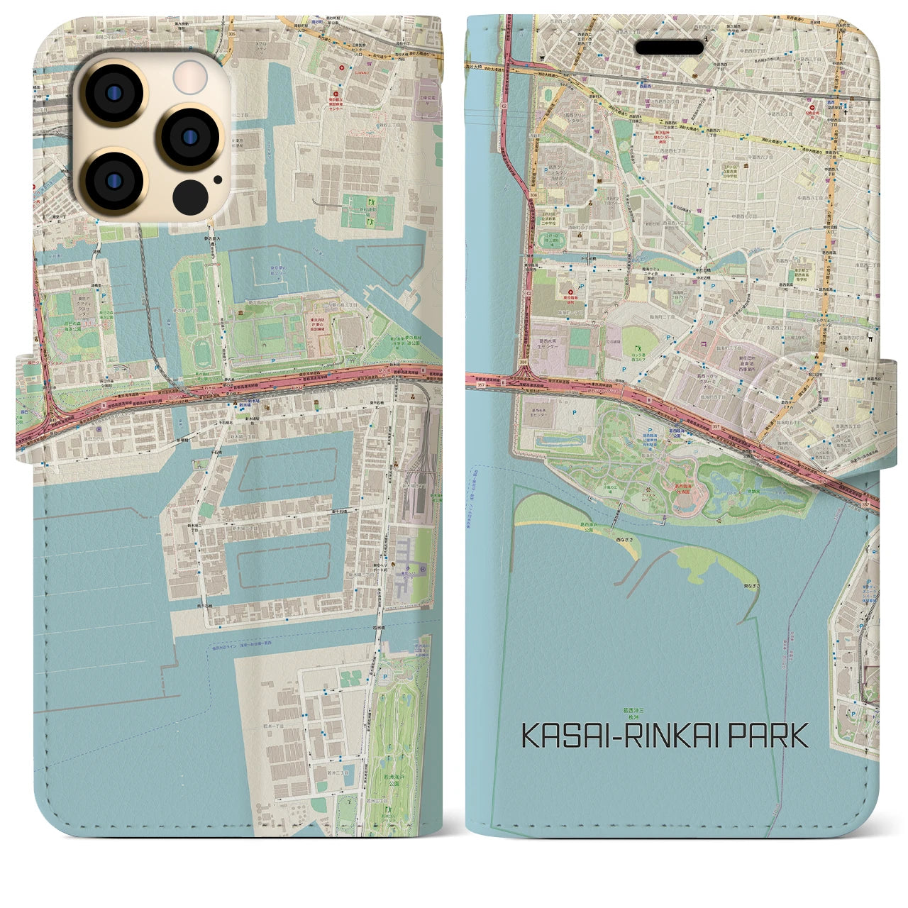 【葛西臨海公園(東京都)】地図柄iPhoneケース(手帳タイプ)ナチュラル・iPhone 12 Pro Max 用