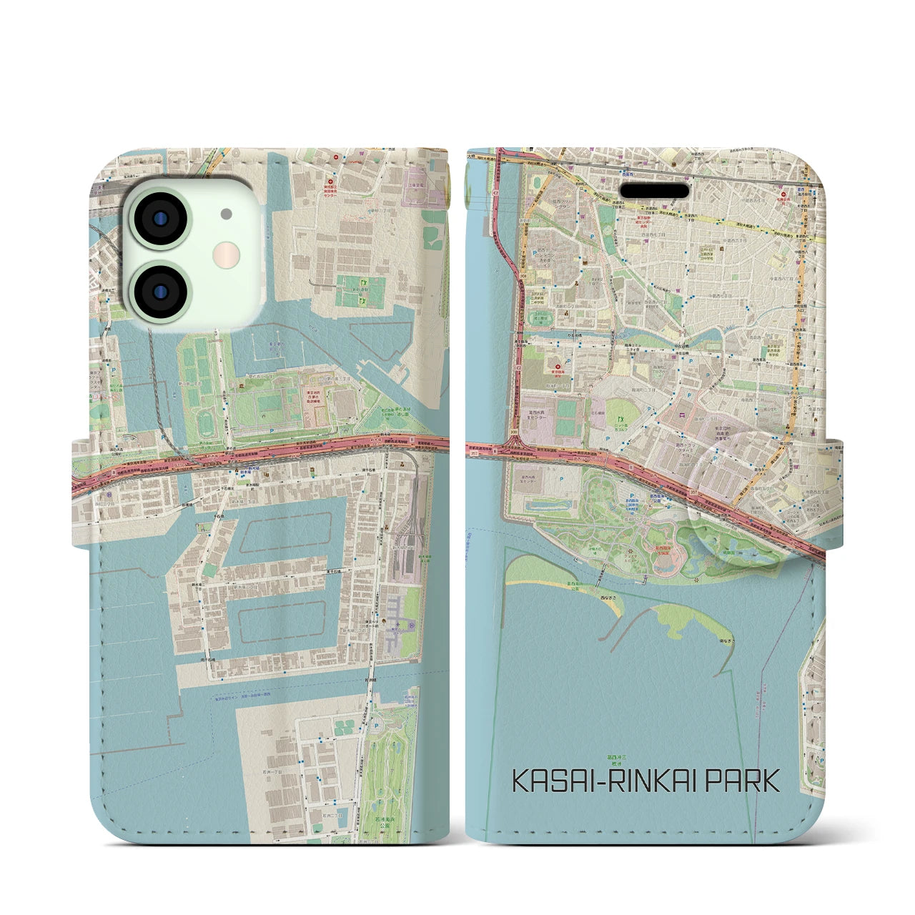【葛西臨海公園(東京都)】地図柄iPhoneケース(手帳タイプ)ナチュラル・iPhone 12 mini 用