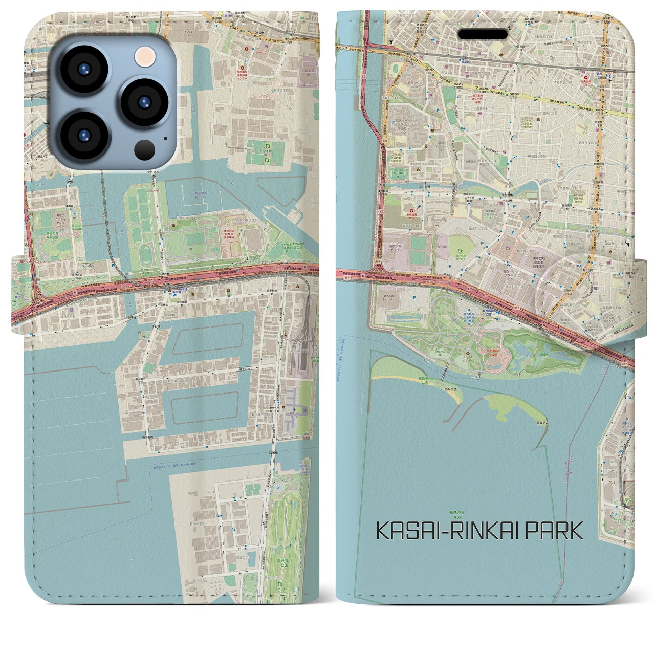 【葛西臨海公園(東京都)】地図柄iPhoneケース(手帳タイプ)ナチュラル・iPhone 13 Pro Max 用