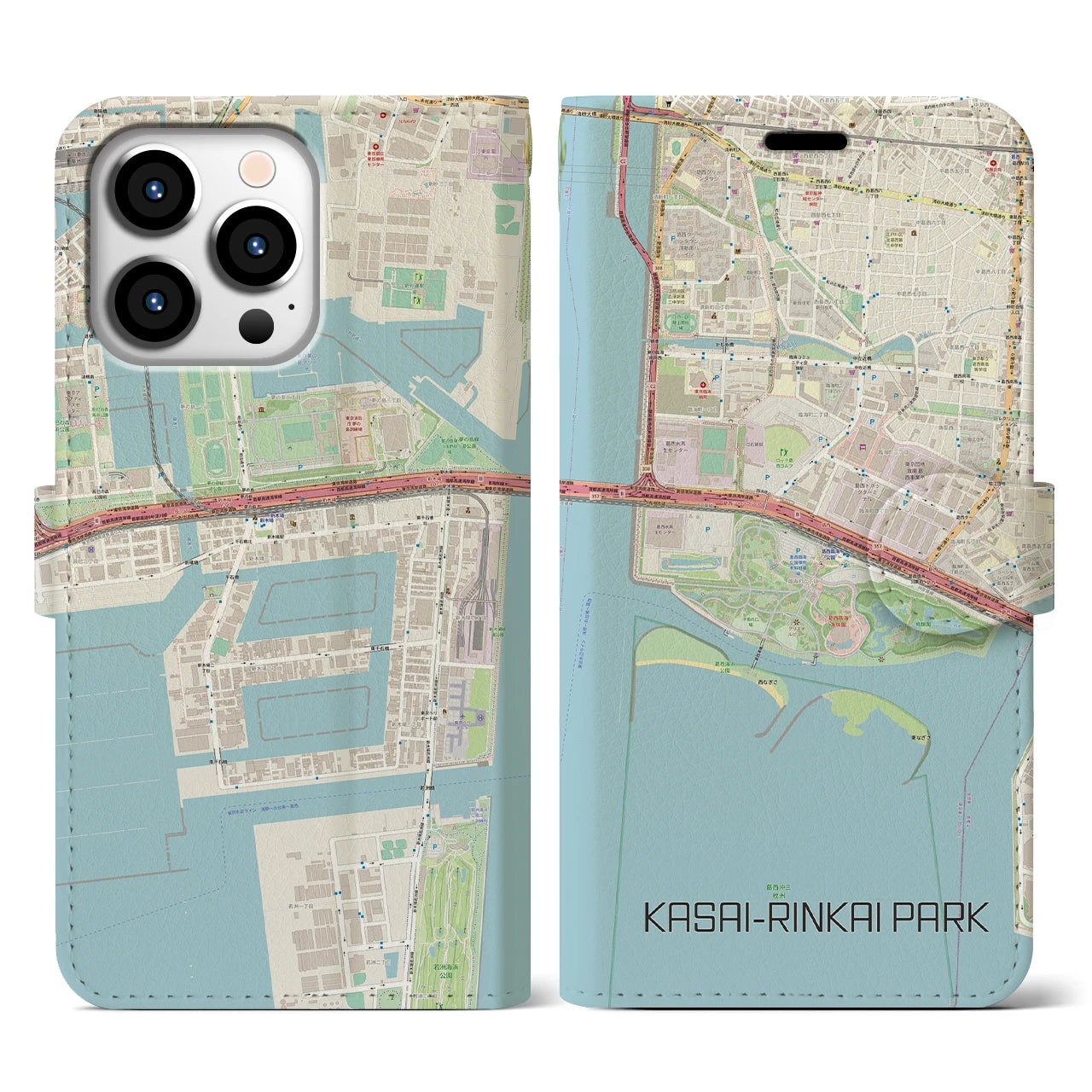 【葛西臨海公園(東京都)】地図柄iPhoneケース(手帳タイプ)ナチュラル・iPhone 13 Pro 用