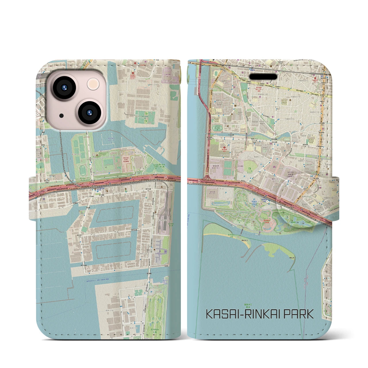 【葛西臨海公園(東京都)】地図柄iPhoneケース(手帳タイプ)ナチュラル・iPhone 13 mini 用