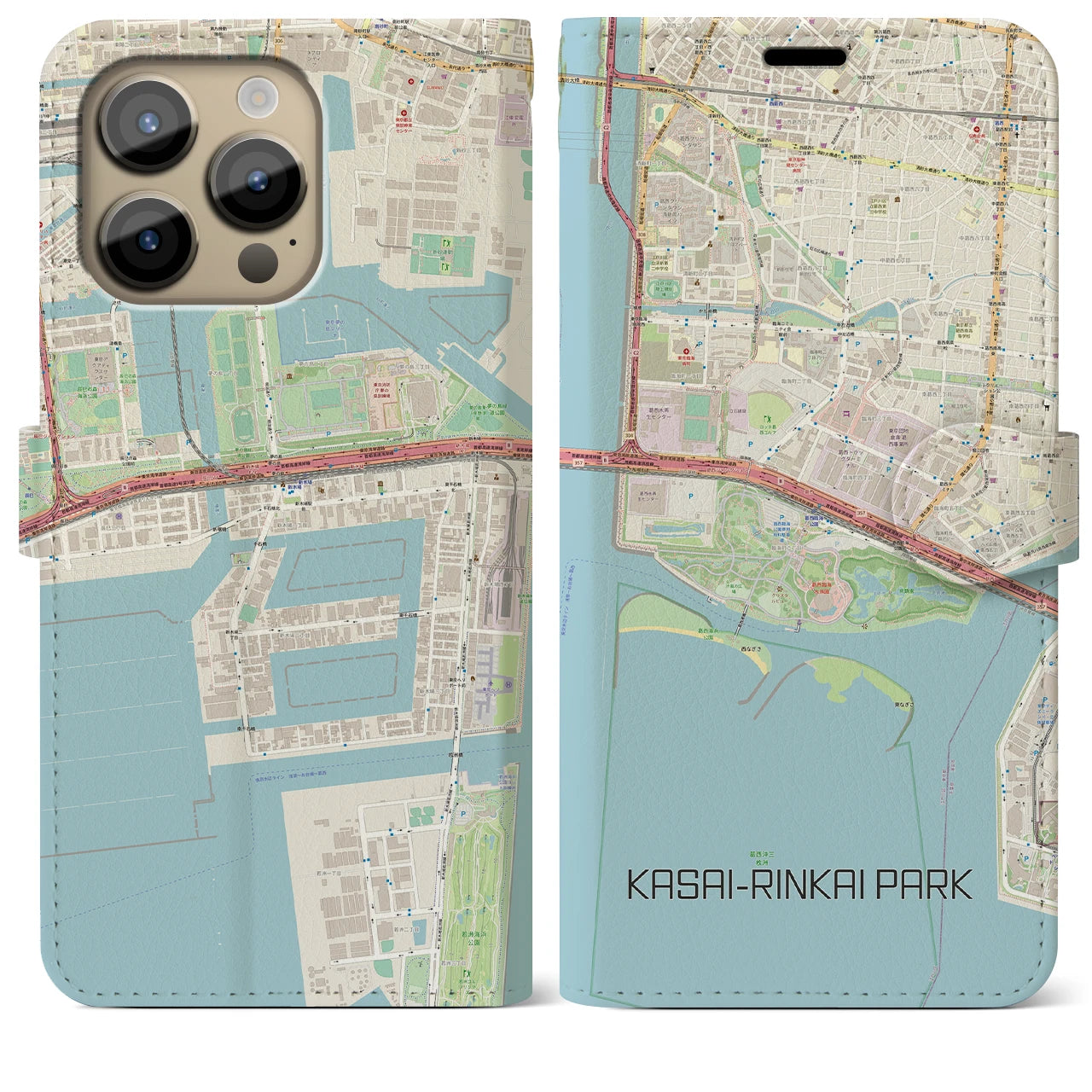 【葛西臨海公園(東京都)】地図柄iPhoneケース(手帳タイプ)ナチュラル・iPhone 14 Pro Max 用