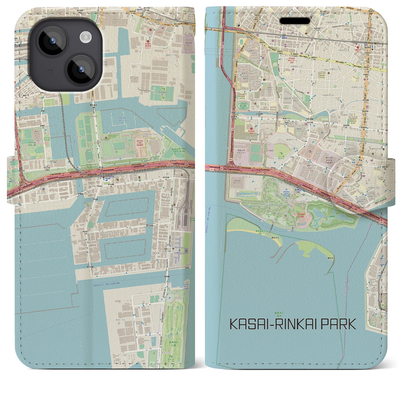 【葛西臨海公園(東京都)】地図柄iPhoneケース(手帳タイプ)ナチュラル・iPhone 14 Plus 用