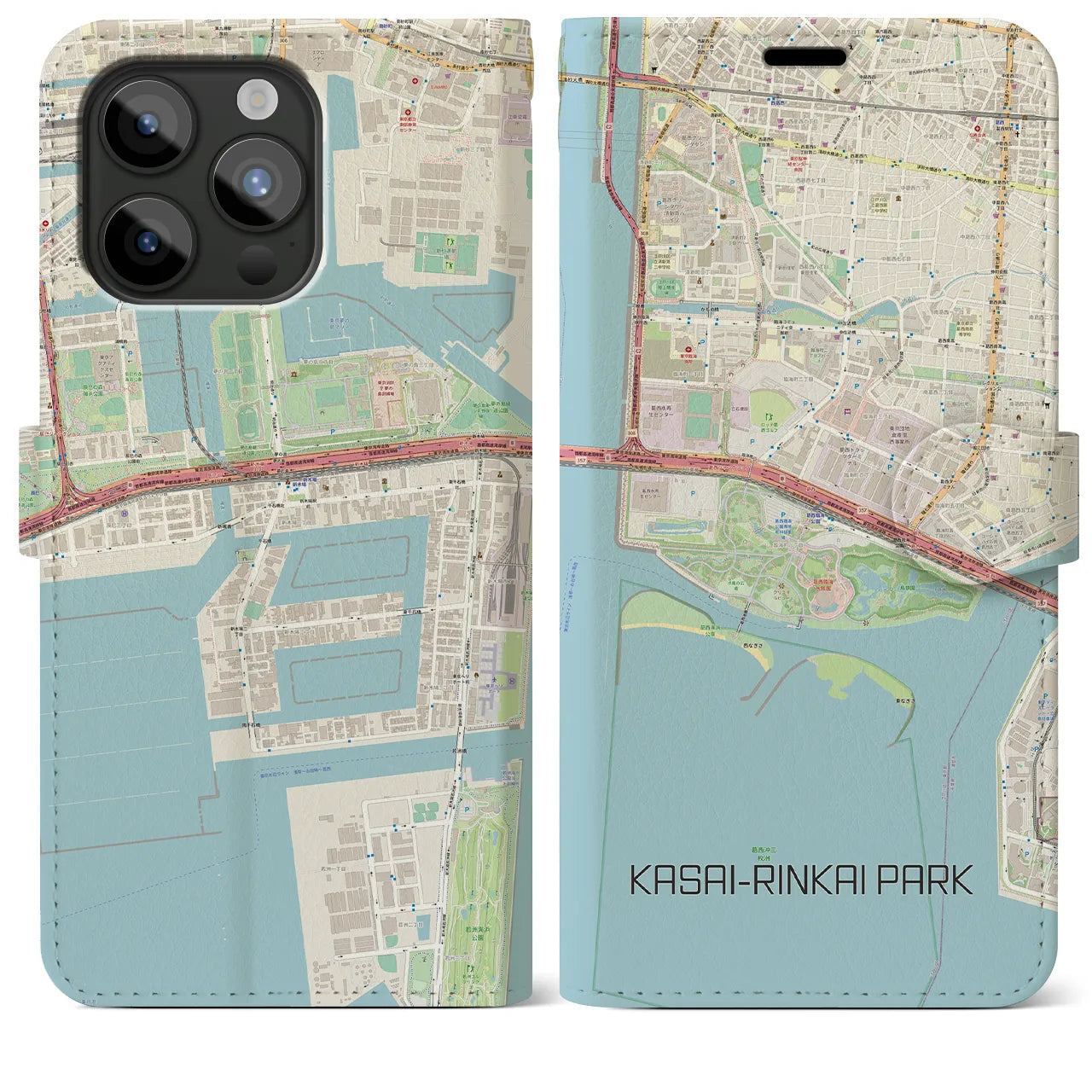 【葛西臨海公園(東京都)】地図柄iPhoneケース(手帳タイプ)ナチュラル・iPhone 15 Pro Max 用