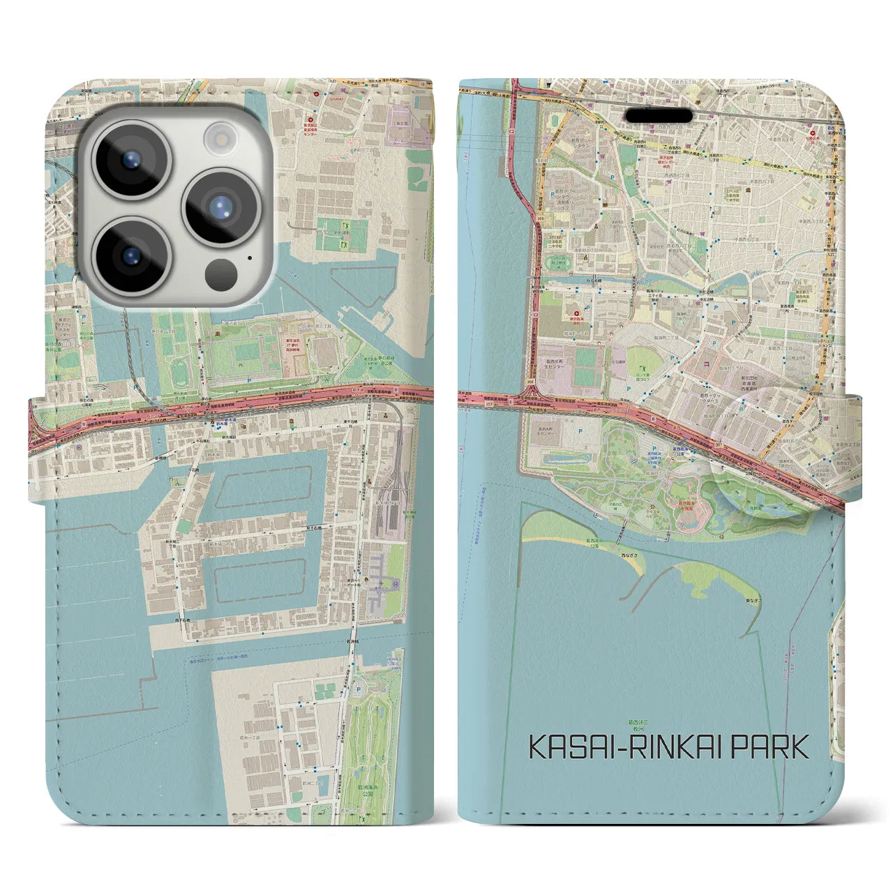 【葛西臨海公園(東京都)】地図柄iPhoneケース(手帳タイプ)ナチュラル・iPhone 15 Pro 用