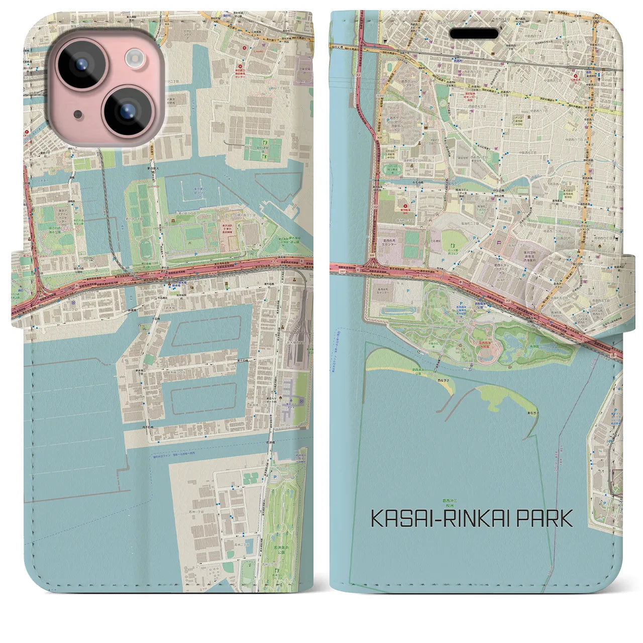 【葛西臨海公園(東京都)】地図柄iPhoneケース(手帳タイプ)ナチュラル・iPhone 15 Plus 用