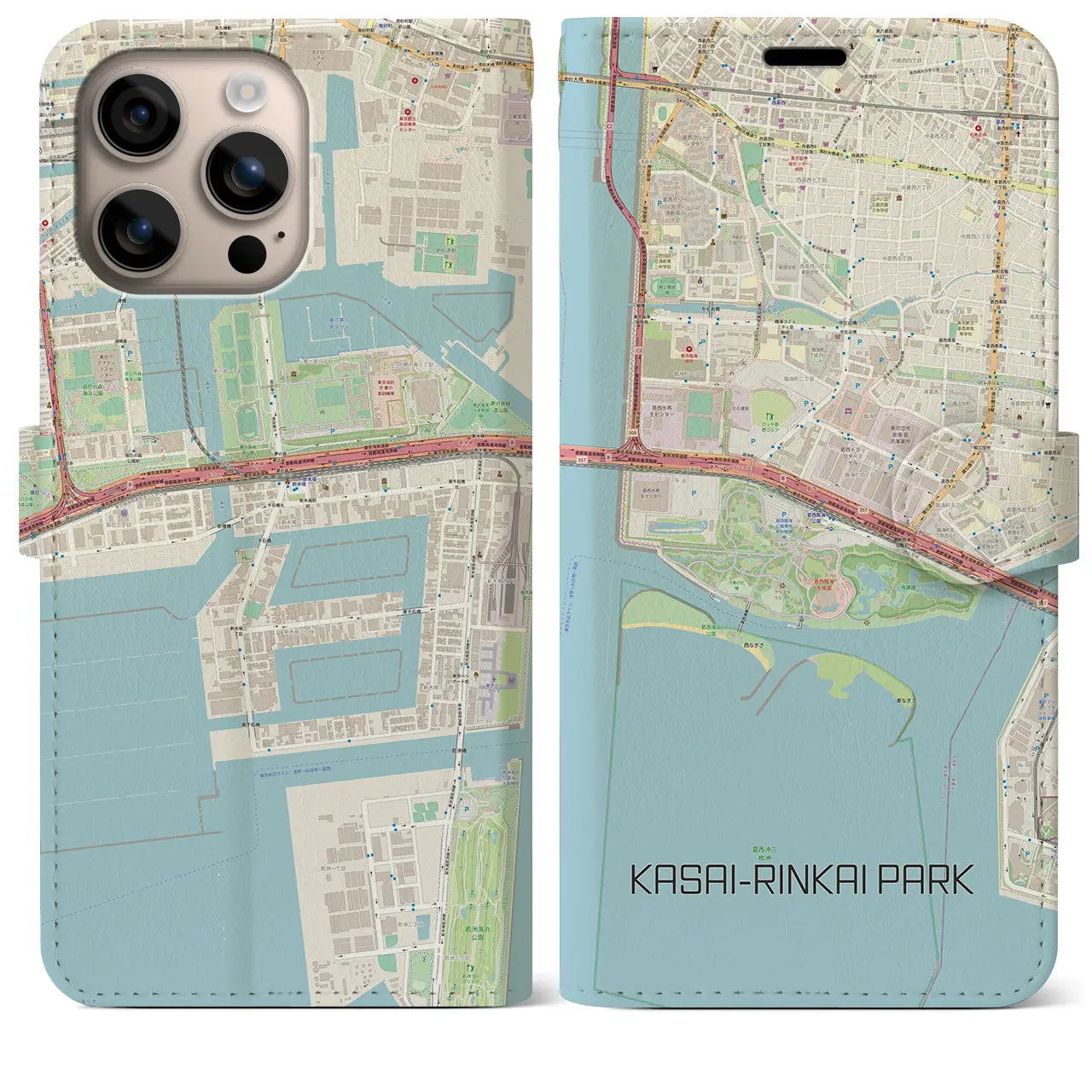【葛西臨海公園(東京都)】地図柄iPhoneケース(手帳タイプ)ナチュラル・iPhone 16 Plus 用