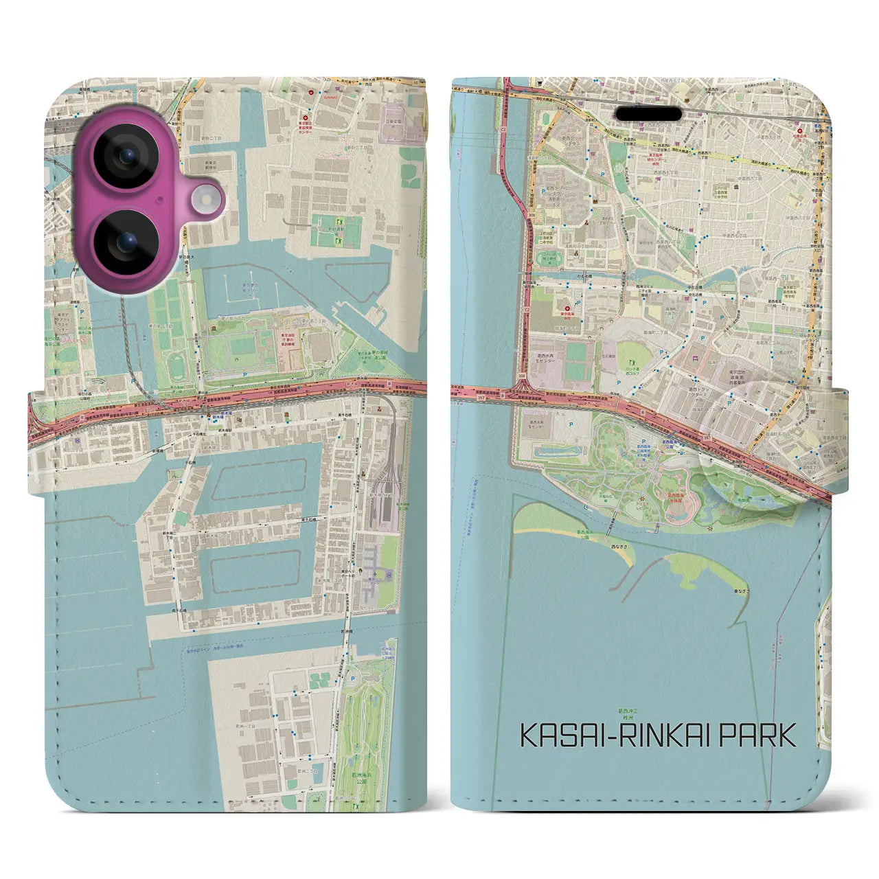 【葛西臨海公園(東京都)】地図柄iPhoneケース(手帳タイプ)ナチュラル・iPhone 16 Pro 用