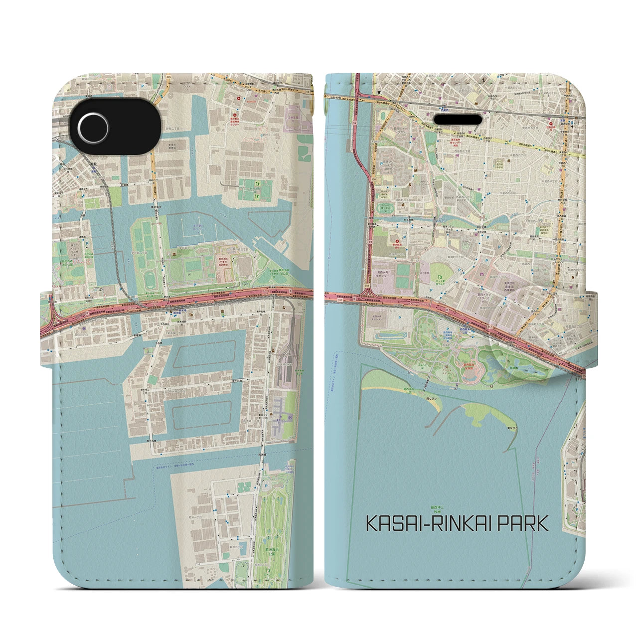 【葛西臨海公園(東京都)】地図柄iPhoneケース(手帳タイプ)ナチュラル・iPhone SE(第3 / 第2世代) / 8 / 7 / 6s / 6 用