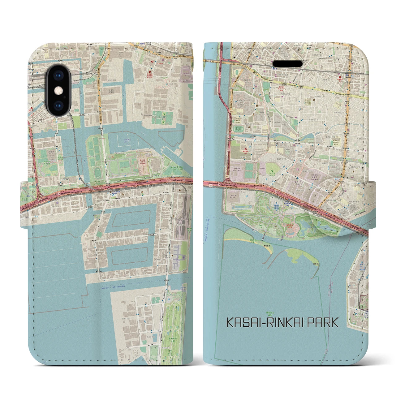 【葛西臨海公園(東京都)】地図柄iPhoneケース(手帳タイプ)ナチュラル・iPhone XS / X 用