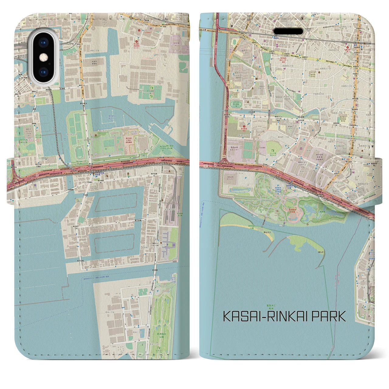 【葛西臨海公園(東京都)】地図柄iPhoneケース(手帳タイプ)ナチュラル・iPhone XS Max 用