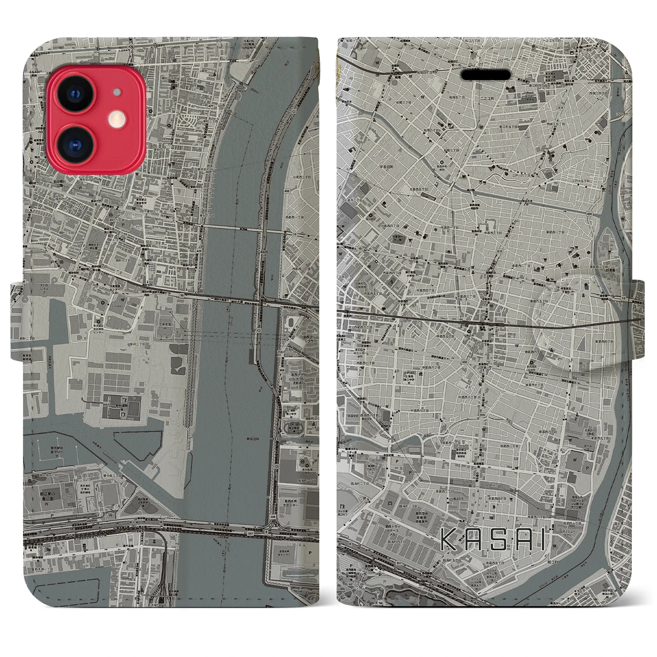 【葛西(東京都)】地図柄iPhoneケース(手帳タイプ)モノトーン・iPhone 11 用