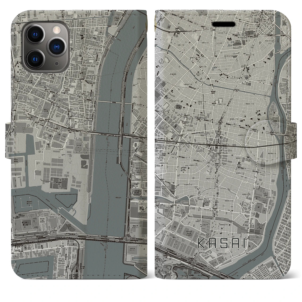 【葛西(東京都)】地図柄iPhoneケース(手帳タイプ)モノトーン・iPhone 11 Pro Max 用