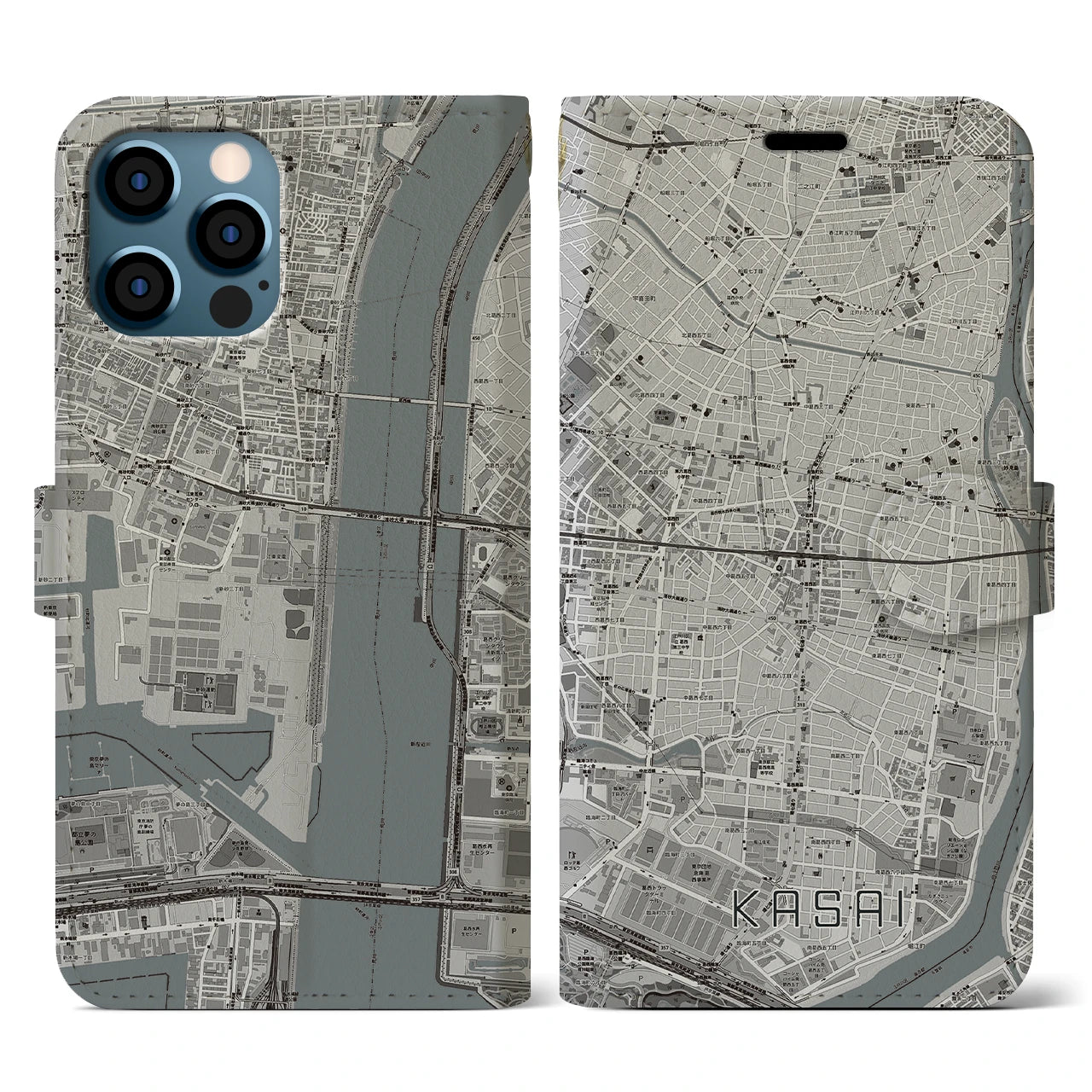【葛西(東京都)】地図柄iPhoneケース(手帳タイプ)モノトーン・iPhone 12 / 12 Pro 用