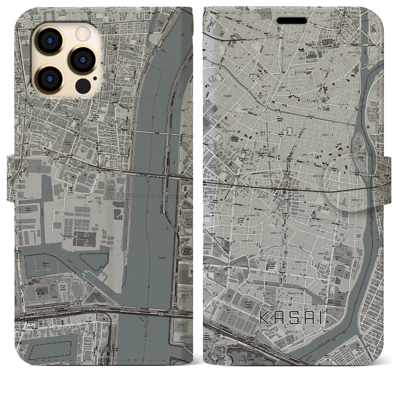 【葛西(東京都)】地図柄iPhoneケース(手帳タイプ)モノトーン・iPhone 12 Pro Max 用
