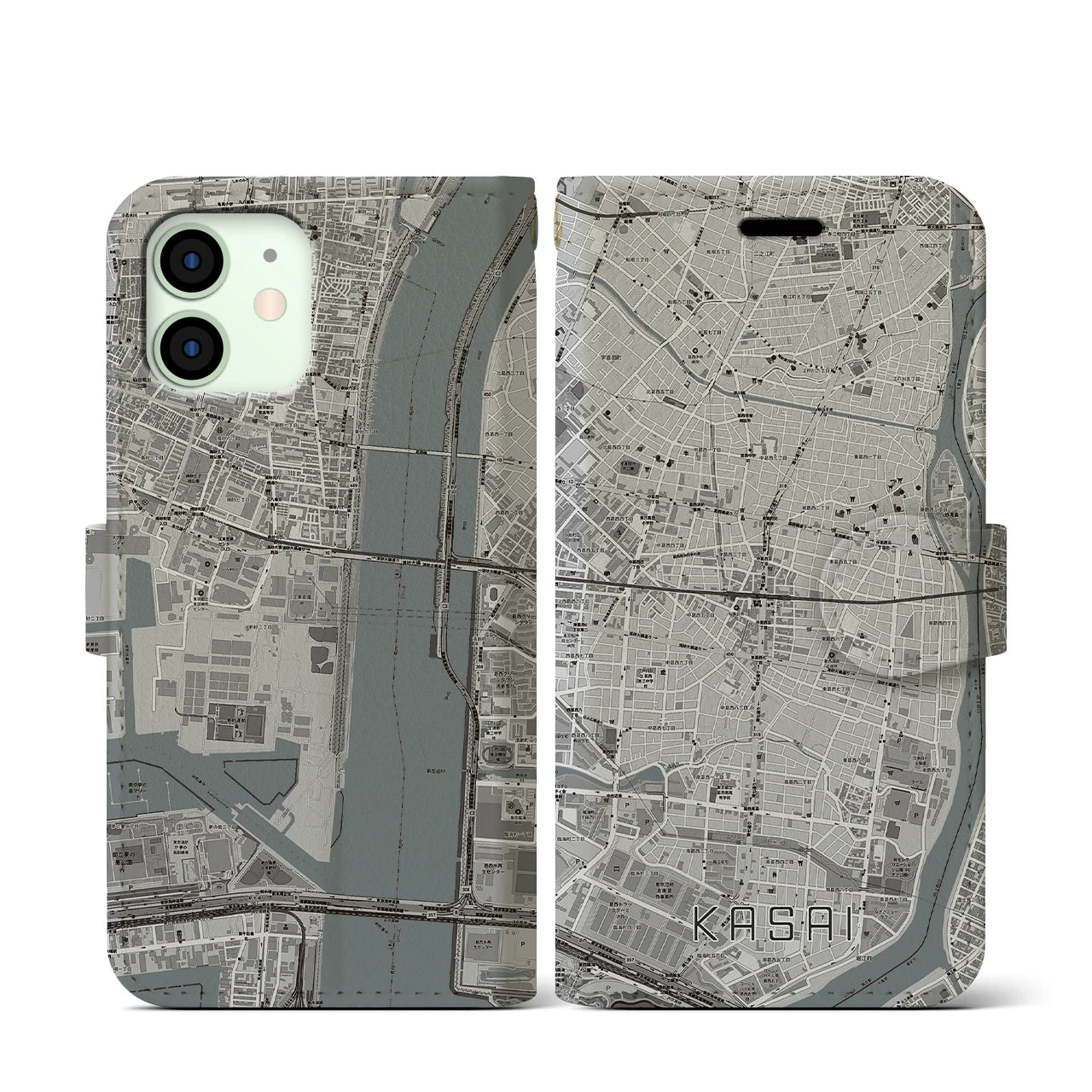 【葛西(東京都)】地図柄iPhoneケース(手帳タイプ)モノトーン・iPhone 12 mini 用