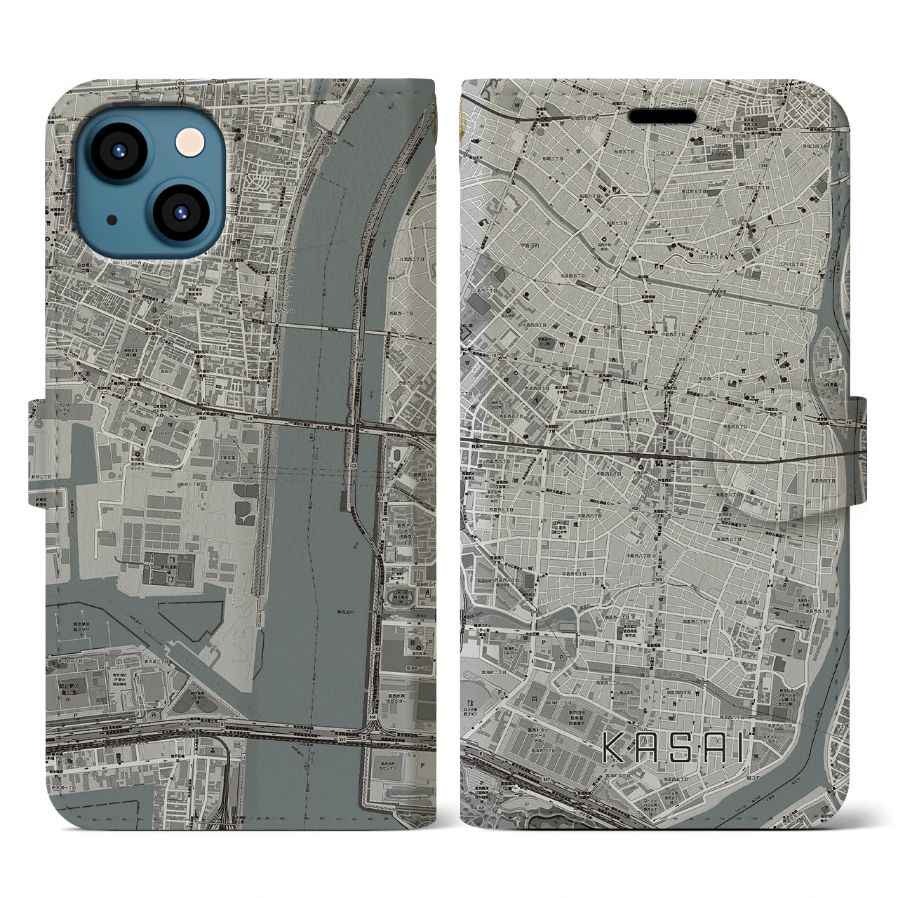 【葛西(東京都)】地図柄iPhoneケース(手帳タイプ)モノトーン・iPhone 13 用