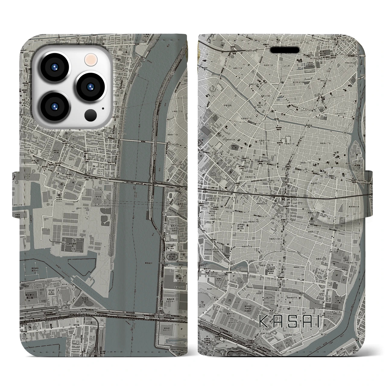 【葛西(東京都)】地図柄iPhoneケース(手帳タイプ)モノトーン・iPhone 13 Pro 用