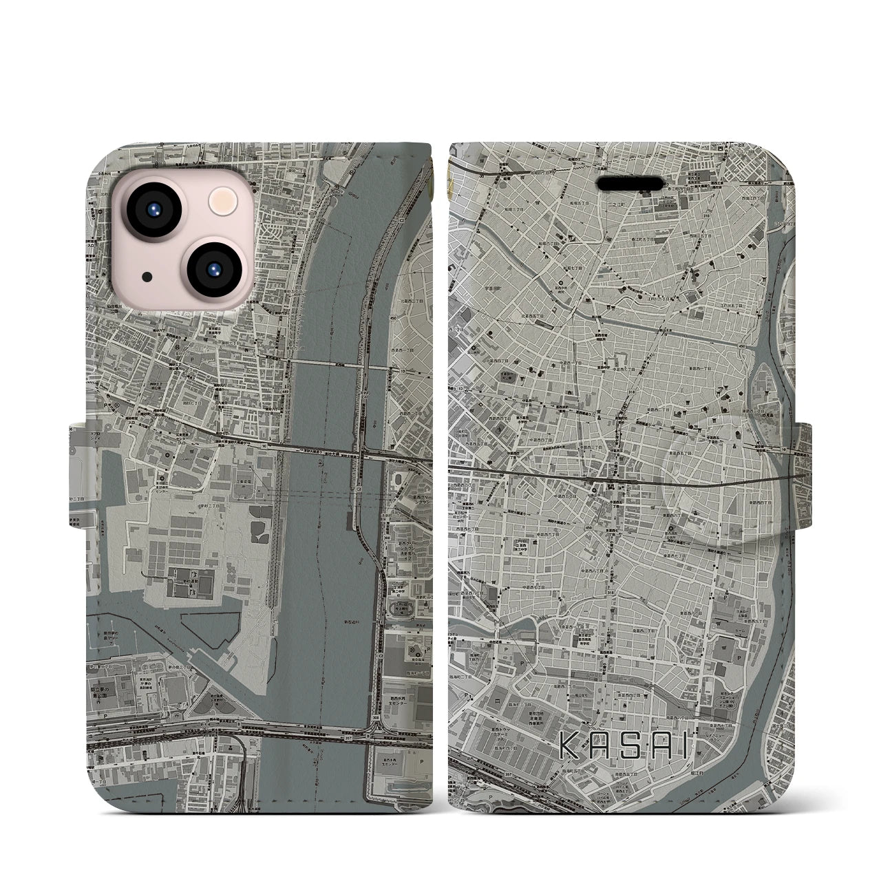 【葛西(東京都)】地図柄iPhoneケース(手帳タイプ)モノトーン・iPhone 13 mini 用