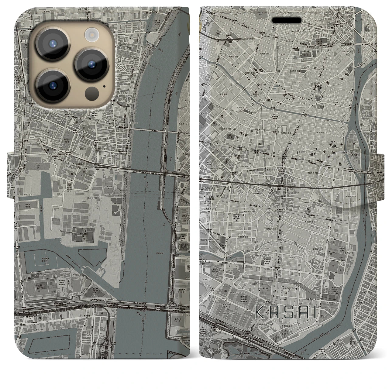【葛西(東京都)】地図柄iPhoneケース(手帳タイプ)モノトーン・iPhone 14 Pro Max 用
