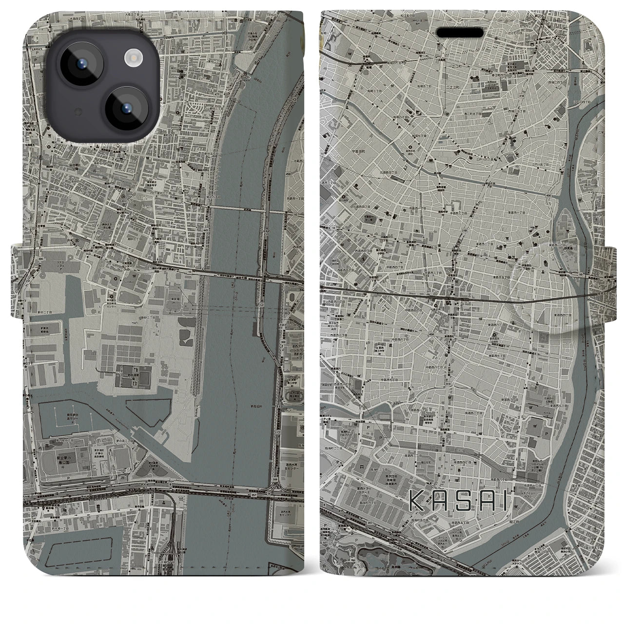 【葛西(東京都)】地図柄iPhoneケース(手帳タイプ)モノトーン・iPhone 14 Plus 用