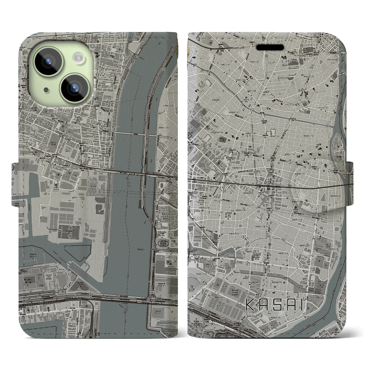 【葛西(東京都)】地図柄iPhoneケース(手帳タイプ)モノトーン・iPhone 15 用