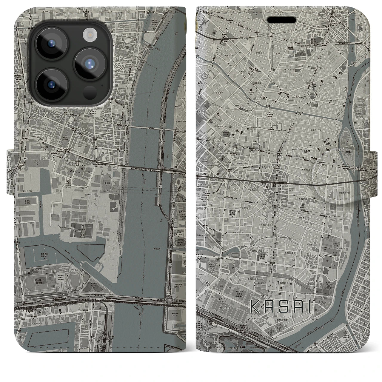 【葛西(東京都)】地図柄iPhoneケース(手帳タイプ)モノトーン・iPhone 15 Pro Max 用