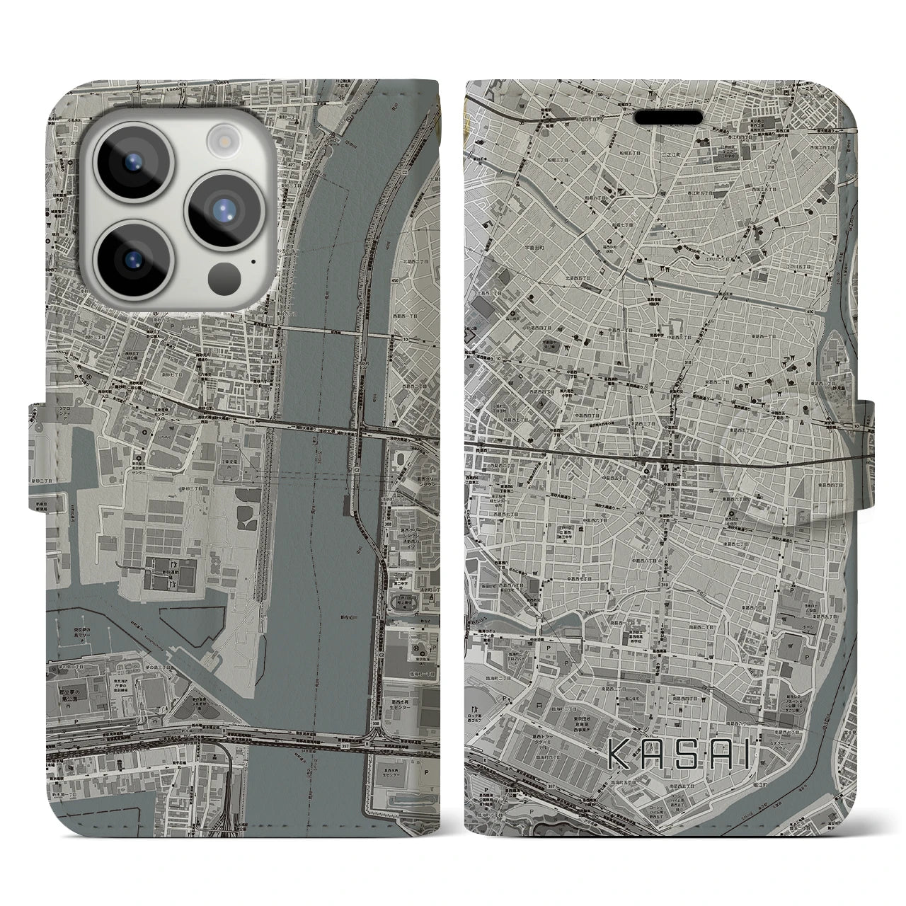 【葛西(東京都)】地図柄iPhoneケース(手帳タイプ)モノトーン・iPhone 15 Pro 用