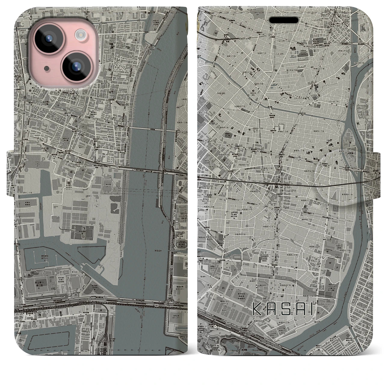 【葛西(東京都)】地図柄iPhoneケース(手帳タイプ)モノトーン・iPhone 15 Plus 用